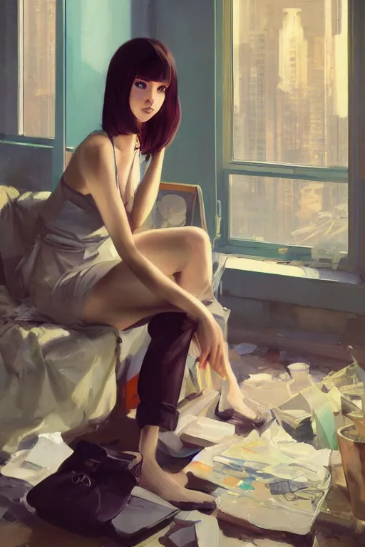 Image similar to A ultradetailed beautiful portrait panting of a stylish woman sitting on the ground of a messy apartment, Oil painting, by Ilya Kuvshinov, Greg Rutkowski and Makoto Shinkai