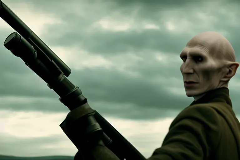 Image similar to volan de mort with bazooka, harry potter movie screenshot, symmetry, cinematic, elegant, luxury, perfect light, perfect composition, dlsr photography, sharp focus, 8 k, ultra hd, sense of awe, highly detailed, realistic, intricate