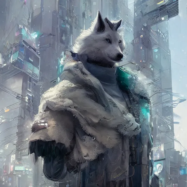 Image similar to a beautiful portrait of a cute male anthropomorph white wolf wearing in cyberpunk city. character design by cory loftis, fenghua zhong, ryohei hase, ismail inceoglu and ruan jia. artstation, volumetric light, detailed, photorealistic, rendered in octane