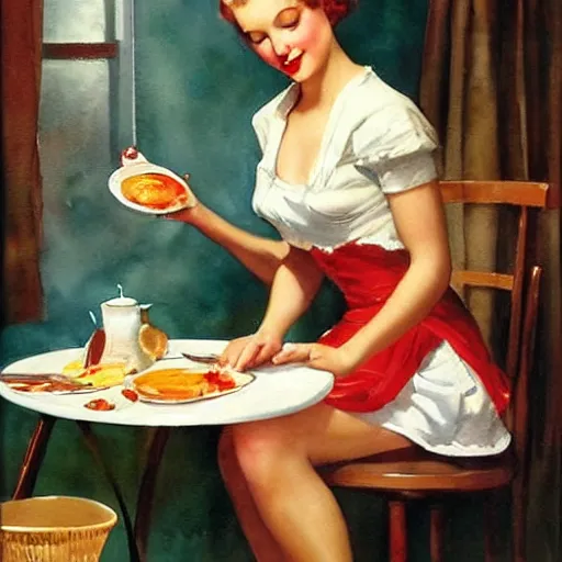 Image similar to woman making breakfast watercolor painting by gil elvgren and vladimir volegov