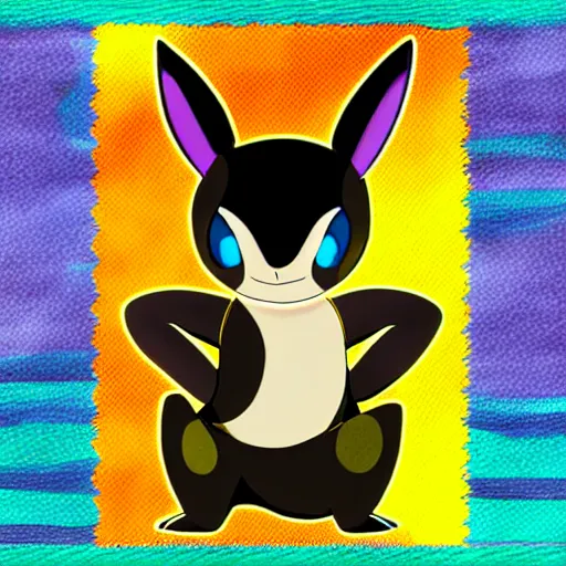 Prompt: umbreon the pokemon with purple yellow black and white stripes cartoon style