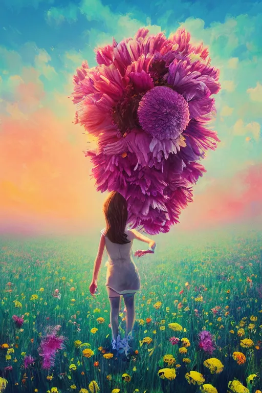 Prompt: closeup, giant flower head, a girl in a suit jumping in a field of flowers, surreal photography, sunrise, blue sky, dramatic light, impressionist painting, digital painting, artstation, simon stalenhag
