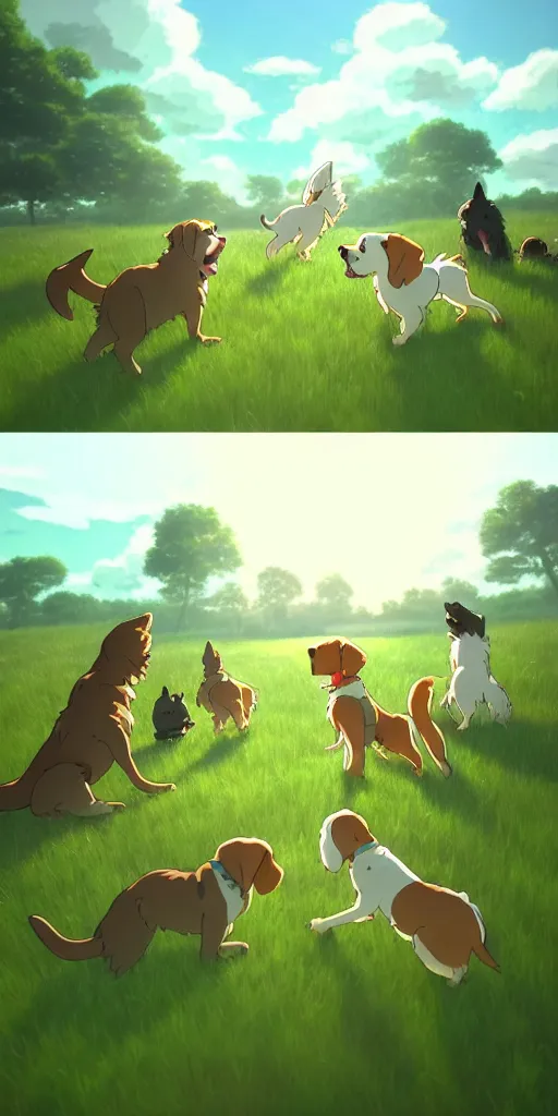 Prompt: a group of dogs playing in a field, studio ghibli style lighting, highly detailed, trending on artstation.