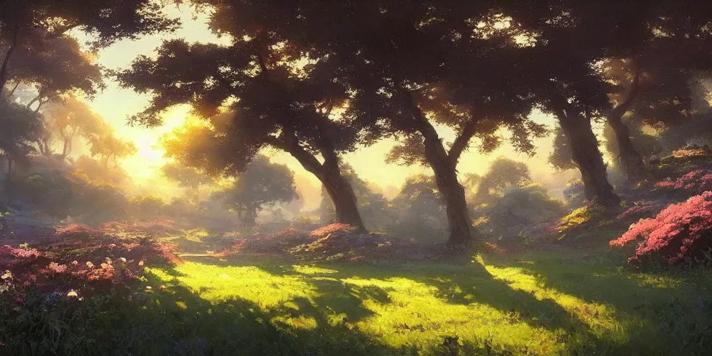 Image similar to an extraordinarily beautiful oil painting of a landscape in spring during sunrise ; lush vegetation ; the most beautiful painting in the world ; by makoto shinkai and craig mullins and salvador dali