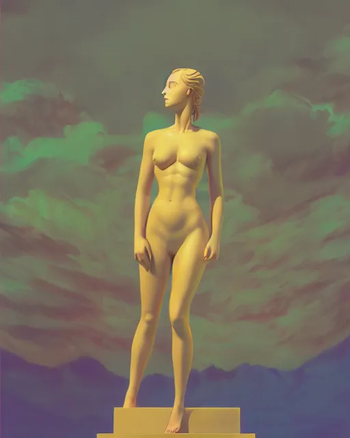 Image similar to a painting of a woman standing in front of a statue, a screenshot by stanley twardowicz, cgsociety, aestheticism, aesthetic, vaporwave, anime aesthetic