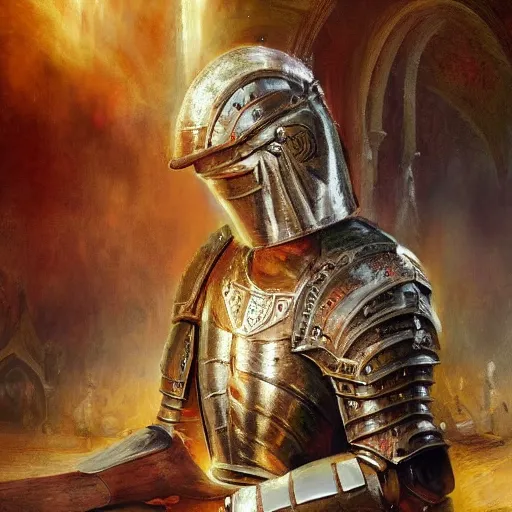 Prompt: a divine warrior wearing heavy armor praying at an altar, artstation hall of fame gallery, editors choice, #1 digital painting of all time, most beautiful image ever created, emotionally evocative, greatest art ever made, lifetime achievement magnum opus masterpiece, the most amazing breathtaking image with the deepest message ever painted, a thing of beauty beyond imagination or words