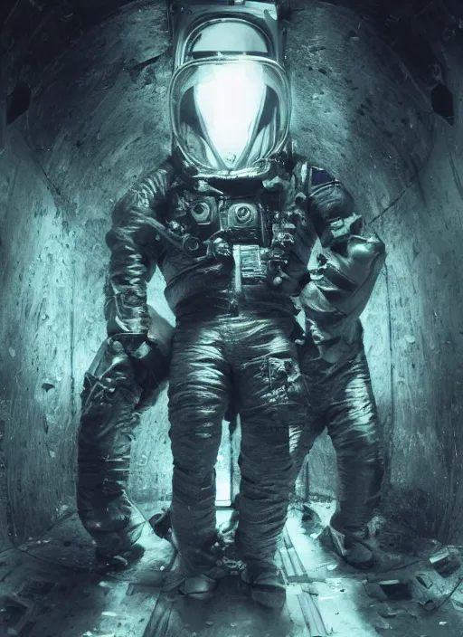 Image similar to astronauts in dark and empty void underwater - complex and hyperdetailed technical suit. reflection and dispersion materials. rays and dispersion of light. volumetric light. 5 0 mm, f / 3 2. noise film photo. flash photography. ultra realistic, wide angle. poster by wayne barlowe, hajime sorayama aaron horkey, craig mullins