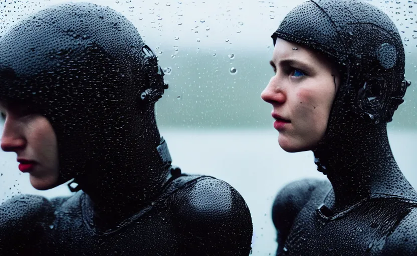 Image similar to cinestill 5 0 d candid photographic portrait by christopher nolan of two loving female androids wearing rugged black mesh techwear in treacherous waters, extreme closeup, modern cyberpunk moody emotional cinematic, pouring rain, 8 k, hd, high resolution, 3 5 mm, f / 3 2, ultra realistic faces, ex machina