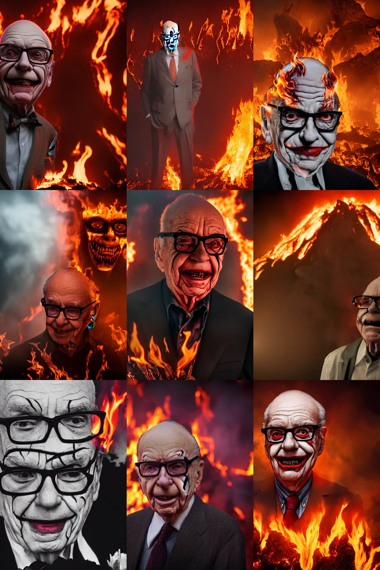 Prompt: Rupert Murdoch as The Joker wearing glasses, standing in the fiery pits of hell, surrounded by fire and flames and lava and brimstone and his demonic army, volumetric fog, portrait photography, depth of field, bokeh