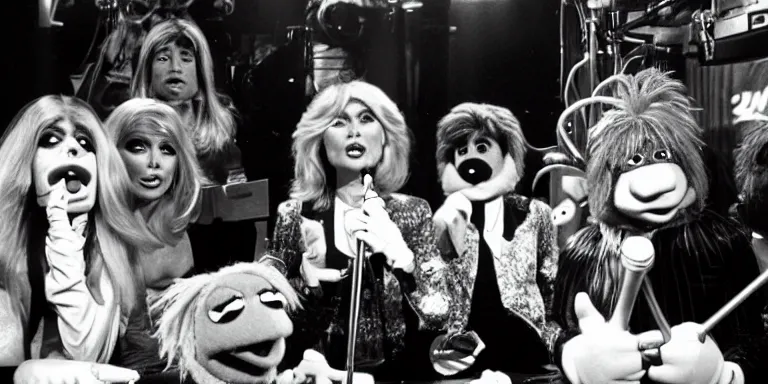 Prompt: Photorealistic Cinematography of Debbie Harry hosting The Muppet show in 1981
