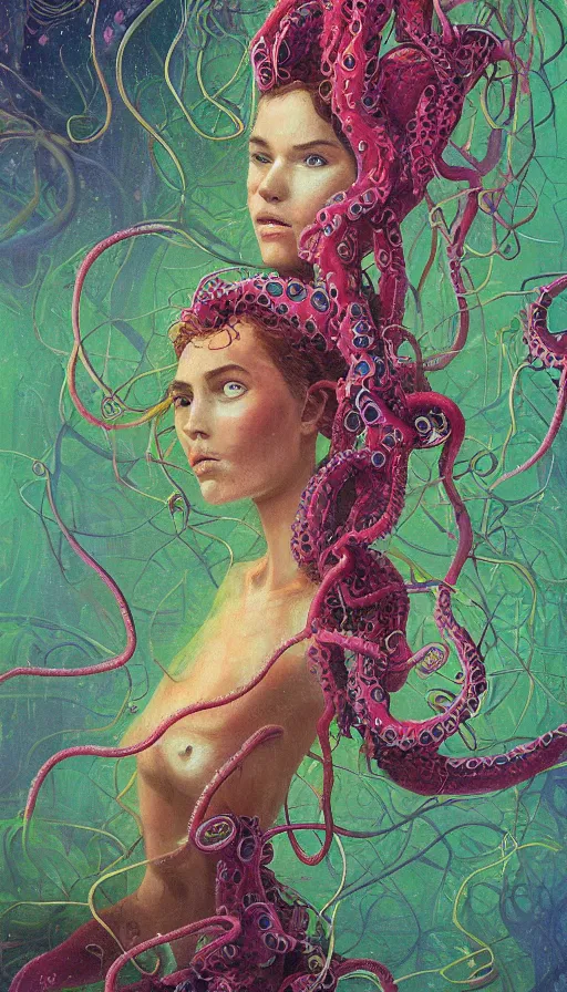 Image similar to very detailed portrait of a 2 0 years old girl surrounded by tentacles, the youg woman visage is blooming from fractal and vines, by paul lehr,
