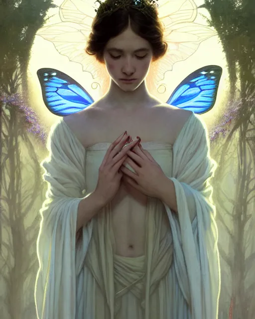 Prompt: portrait of a ethereal magical young butterfly fairy princess wearing a white robe, d & d, fantasy, intricate, dark souls, elegant, highly detailed, digital painting, artstation, concept art, smooth, sharp focus, illustration, art by greg rutkowski, maxfield parrish and alphonse mucha, new art nouveau, tarot card