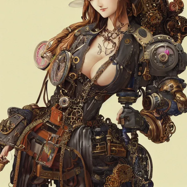 Image similar to the portrait of true neutral semi - colorful female steampunk mechanist as absurdly beautiful, gorgeous, elegant, young gravure idol, an ultrafine hyperdetailed illustration by kim jung gi, irakli nadar, intricate linework, bright colors, octopath traveler, final fantasy, unreal engine 5 highly rendered, global illumination, radiant light, detailed and intricate environment