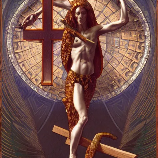 Image similar to fullbody!! dynamic action pose, christ as a scaly cold blooded reptilian lizard holding a holy cross in his claws, intricate, elegant, highly detailed, digital painting, artstation, concept art, smooth, sharp focus, illustration, art by artgerm and greg rutkowski and alphonse mucha