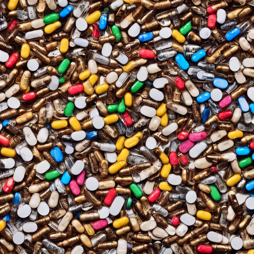 Image similar to close-up view of medicine pills on top of a wooden table, 8k, high detail, photorealistic, proper shading