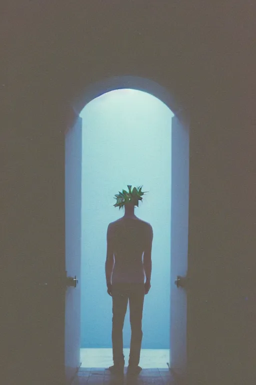 Image similar to kodak portra 4 0 0 photograph of a skinny guy looking into a otherworldly portal, flower crown, back view, vaporwave colors, grain, moody lighting, moody aesthetic,