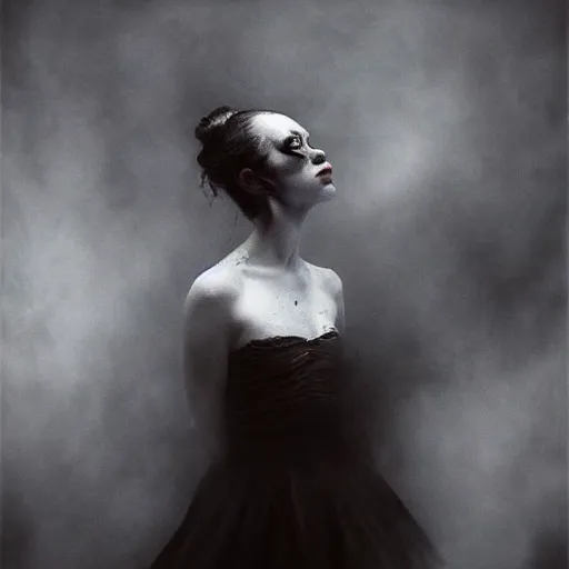 Image similar to dark ballerina, emil melmoth, portrait, concept art, deviantart, dark, 3 5 mm, chiaroscuro, surrealist, victorian, mist, dark