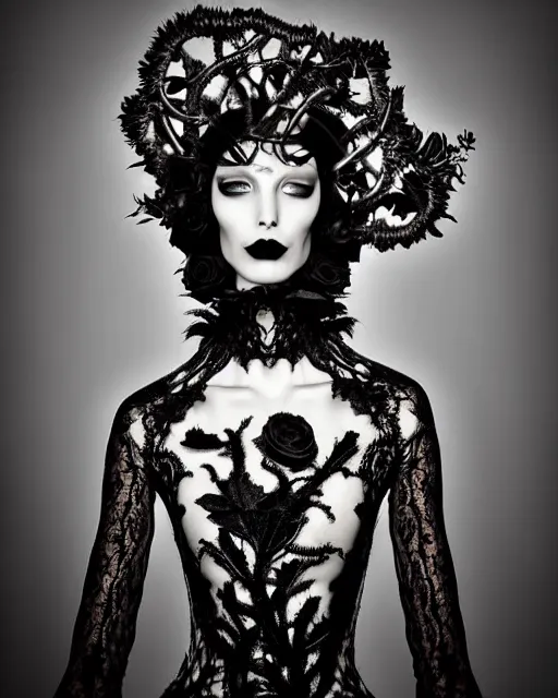 Prompt: surreal dark poetic black and white photo portrait of complex bio-mechanical beautiful young silver female-vegetal-cyborg with a fur metal fine lace face, a very long neck and a fine metal floral foliage super big gothic lace collar and very high big floral crown with many black dry roses by Vivienne Westwood:: smoke, high fashion, haute couture, rococo, avant-garde, silver filigree details, anatomical, facial muscles, cable wires, microchip, elegant, dreamy, foggy atmosphere, hyper realistic, 150 mm lens, soft rim light, octane render, unreal engine, picture was taken in 1910 by Man Ray, volumetric lighting, dramatic light,8k,