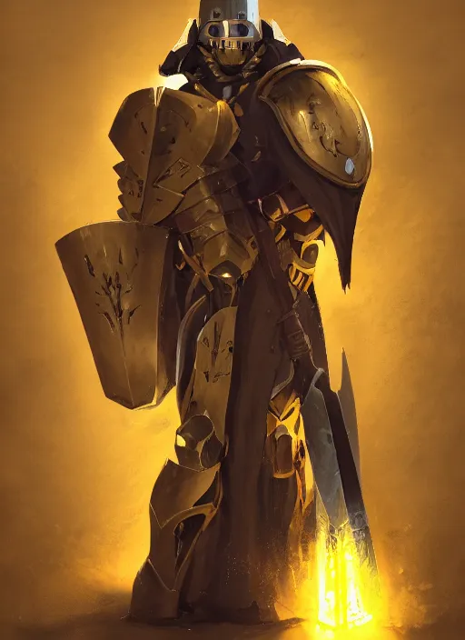 Image similar to dynamic portrait of a warforged character in yellow armor holding a paladin engraved longsword and carrying a big shield, epic , trending on ArtStation, cinematic lighting, by Greg Rutkowski and Jesper Ejsing