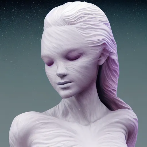 Image similar to 3 d fluid simulation render, octane render, xparticles, white colors, female bodies, female body covered in white blanket, white carved abstract sculpture, amethyst mineral quartz, swirly curls, abstract white fluid, golden edges and fractals, cold colors, artstation,