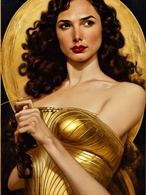 Prompt: Gal gadot as the magic Greek goddess Circe, a beautiful art nouveau portrait by Gil elvgren, moonlit Mediterranean environment, centered composition, defined features, golden ratio, intricate gold jewlery