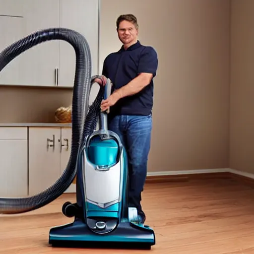 Image similar to a man rides a vacuum cleaner as if it were a horse, 8k, hyper-realistic