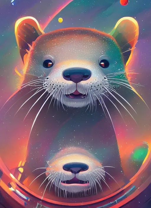 Prompt: a beautiful portrait of a cute otter swimming in outer space galaxy, detailed trending on artstation, ( ( art by rhads ) ), ( ( art by miyazaki ) )