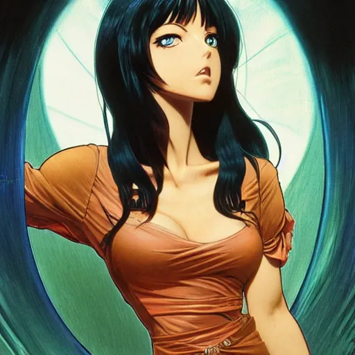 Prompt: highly detailed vfx portrait of nico robin by eiichiro oda!, makoto shinkai, alphonse mucha, art by artgerm and greg rutkowski!, backlit, harsh overhead sunlight, blue eyes!!, large aquiline nose!!, best of behance, concept art, matte, sharp focus, magali villeneuve, stanley kubrick,