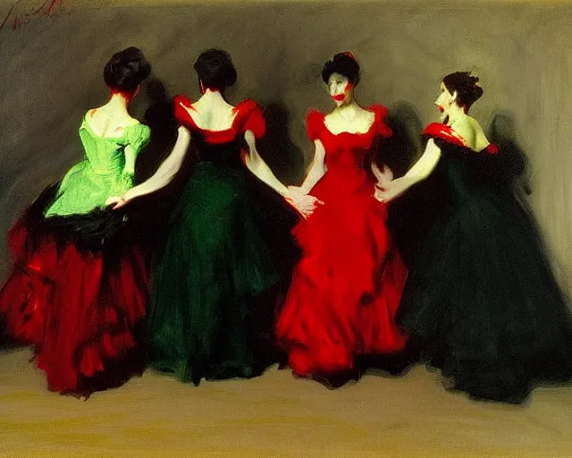 Image similar to a green, red, and black painting by John Singer Sargent