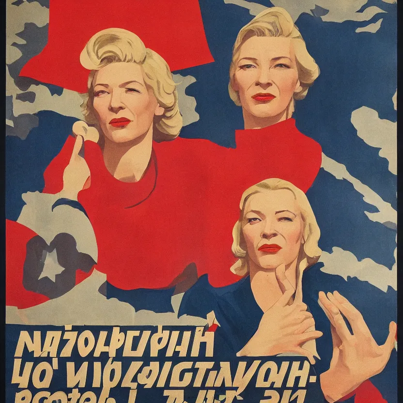 Image similar to soviet propaganda poster with cate blanchett calling on the world community to fight against Nazism, Ultra Detailed, high resolution, soviet realism