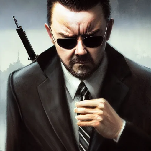 Image similar to closeup portrait of a ricky gervais as a hitman, the matrix, dramatic light, gorgeous view, depth, high detail, digital art, painted by greg rutkowski and seb mckinnon, by tim burton, trending on artstation