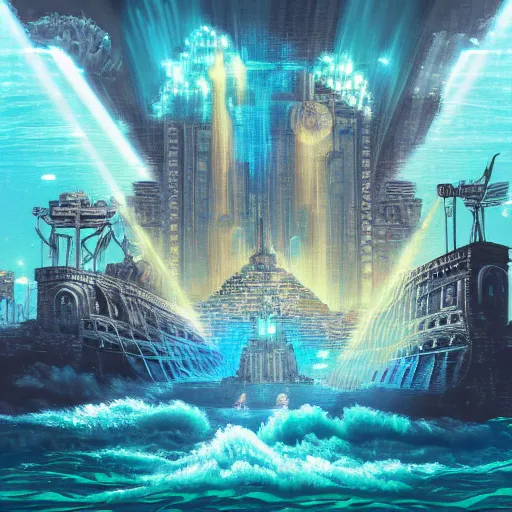 Image similar to ancient atlantis, retrowave epic art, trending on art station