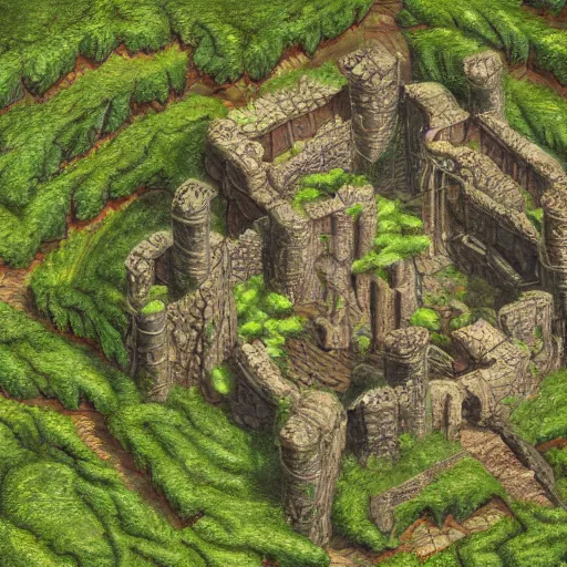 Image similar to , dnd dungeon map of giant ancient castle in an forest with some ivy plants on the walls, cinematic, epic, dramatic lighting from above, dark, vines, fantasy, dust, unreal engine, octane, highly detailed, concept art, dark, super realistic,