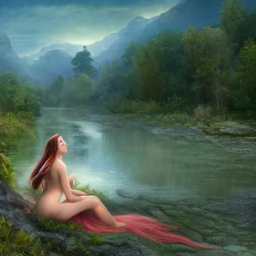 Prompt: a very beautiful fantasy nymph on the bank of a river with morning sunrise in the distance and jagged faded mountains beyond