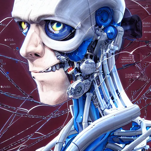 Prompt: Male cyborg, battle-damaged, scarred, handsome face, bored expression, blue eyes, sterile background, head in profile, sci-fi, bio-mechanical, wires, cables, gadgets, Digital art, detailed, anime, artist Katsuhiro Otomo