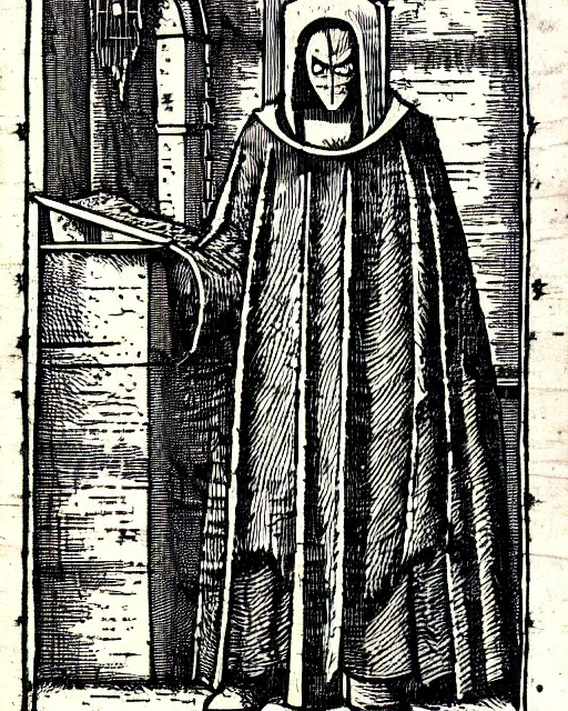 Image similar to b & w woodcut of doctor doom from the nuremberg chronicle, 1 4 9 3, restored, hq scan