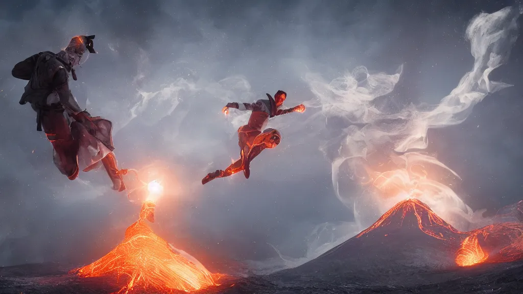 Prompt: a man in white tights flies from volcano and flame Magnetic field, intricate, highly detailed, artstation trending, ray tracing, cinematic, art by andrey surnov, concept art,