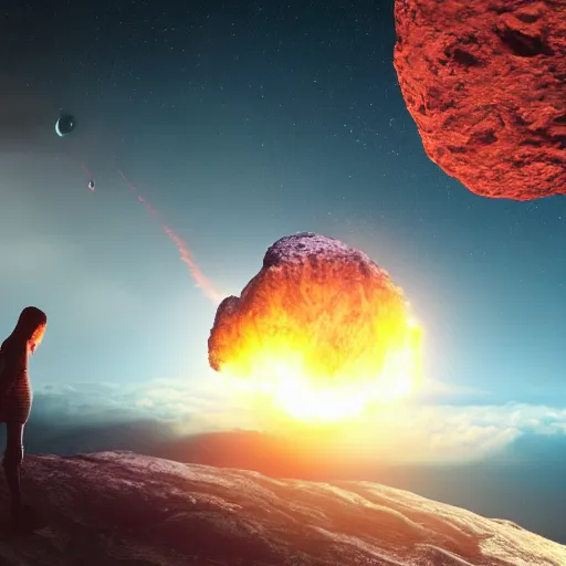 Image similar to a girl on a hill watching a flaming asteroid fall from space, octane render very realistic beatiful