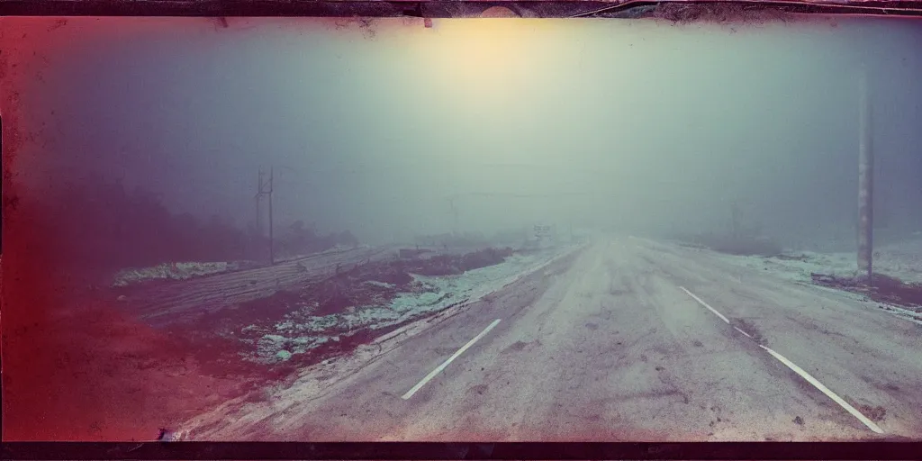 Prompt: weathered analog photo of an abandoned highway, drone footage, polaroid, russian architecture, concrete, azure tones, fog, mist, lensflare, neon lights, red lasers, depth of field, color bleed, heavy film grain