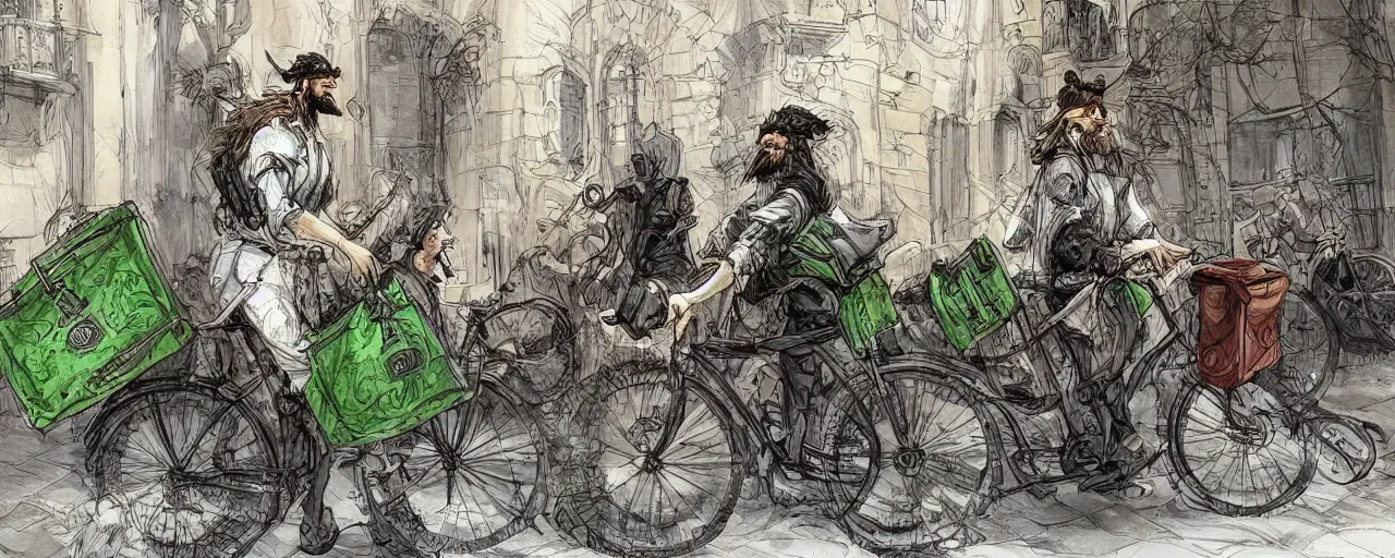 Prompt: a bearded and long haired bicycle food delivery worker with a green bag on his back in rossio lisbon, he has boots, epic fantasy style art by kim jung gi, fantasy epic digital art