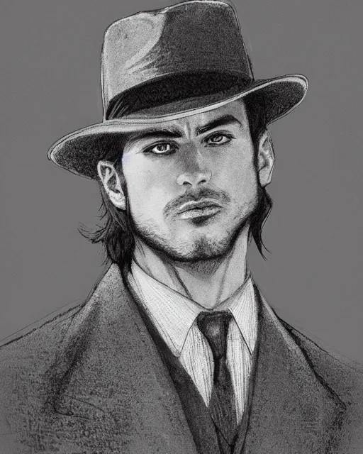 Image similar to portrait of a detective, zoomed in, noir, fedora, tweed coat, confident, handsome, heavy shading, vintage, high quality, centered, by artgerm, artstation, ( ( ( by ilya repin ) ) )