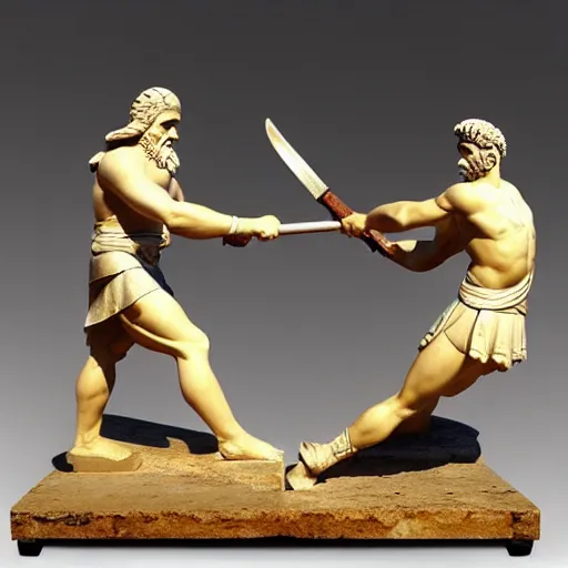 Image similar to greek warriors fighting against ducks, ancient greek statue, epic, detailled