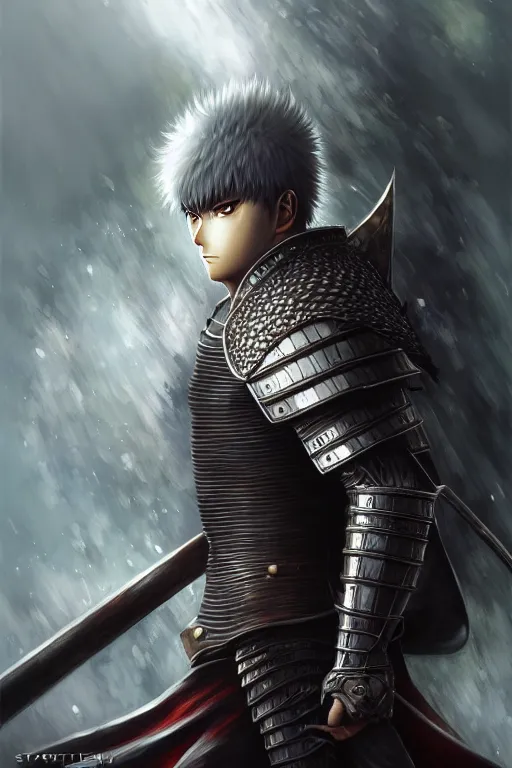 Image similar to A realistic anime portrait of Guts in the berserk armor, berserk, digital painting, by Stanley Artgerm Lau, Sakimichan, WLOP and Rossdraws, digital painting, painterly, Pixiv, Deviantart, golden ratio, rule of thirds, good composition, HD, 8k, award winning, promo art, splash art, rpg, jrpg, dungeons and dragons, DND, trending on ArtStation