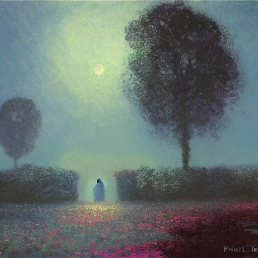 Image similar to mystical kew gardens, mist, full moon, by paul lehr, monet