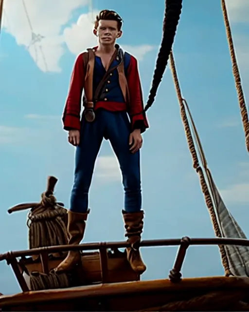 Image similar to film still of tom holland as a pirate, standing on the mast, cinematic lighting, sharp focus, highly detailed attributes and atmosphere