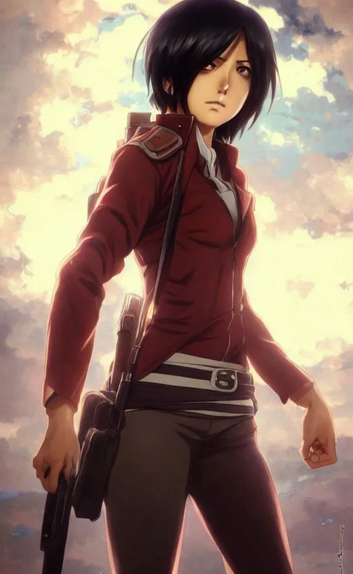 Image similar to mikasa ackerman, hero pose, medium shot, bokeh, beautiful face!!!!, 2 7 years old, cg animation, lifelike, animated, realistic, character select portrait, by artgerm, greg rutkowski, alphonse mucha, 3 d