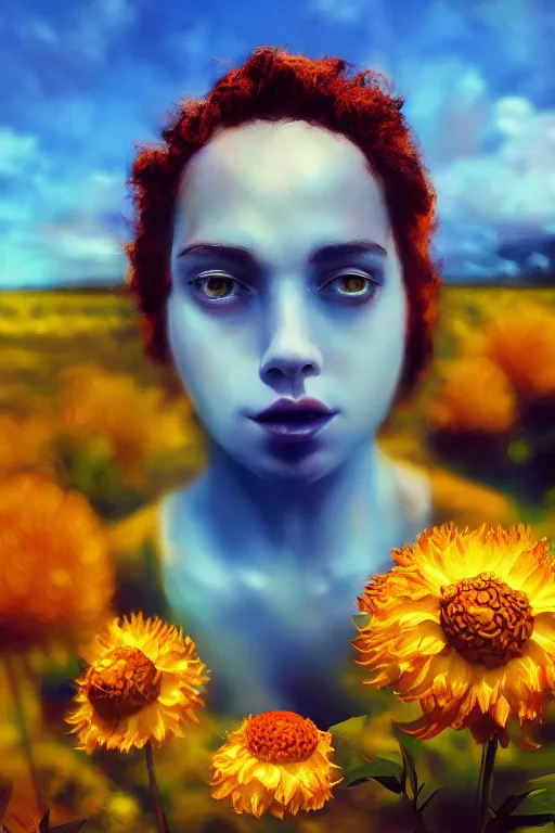 Image similar to closeup giant dahlia flower head, girl on beach, surreal photography, blue sky, sunrise, dramatic light, impressionist painting, digital painting, artstation, simon stalenhag