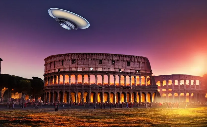 Image similar to a ufo flying saucer in the sky attack colosseum in rome at sunset, foggy volumetric light, a beam of light from the ufo, cinematic trending on artstation
