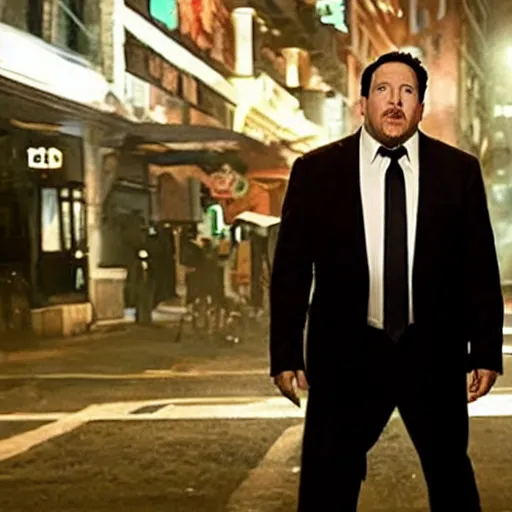 Prompt: clean-shaven Jon Favreau as Happy Hogan wearing a black suit and black necktie falling down into a city with a frightened expression on his face