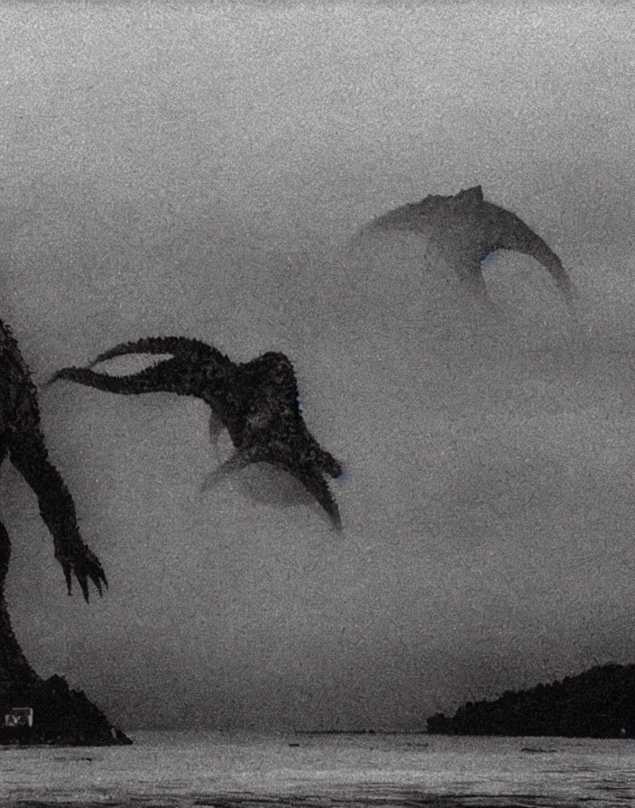 Prompt: very low - resolution found footage of a couple escaping pyongyang from a starfish kaiju monster, fog, foggy, korean film noir, monochrome, red hue, thriller, underdeveloped, epic, dramatic